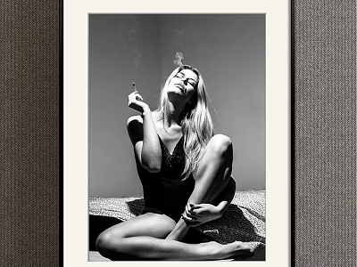 Black and White Female Portrait Painting Seated Cross Legged with Cigarette Smoke Rising 3d model