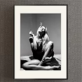 Black and White Female Portrait Painting Seated Cross Legged with Cigarette Smoke Rising