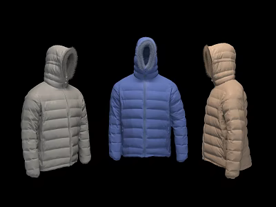 Hooded Quilted Puffer Jackets Gray Blue Beige Front Side Back Views 3d model