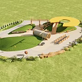 Kids Play Area With Green Grass Yellow Circle Structure Wooden Climbing Tunnel Benches And Plants