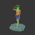 Character Wearing Straw Hat Yellow Striped Shirt Blue Shorts Holding Camera on Gray Stone Platform