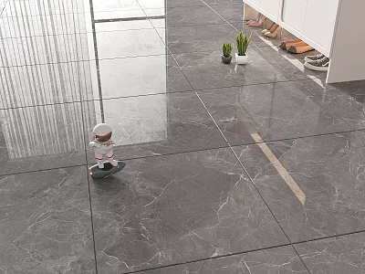 Sleek Gray Marble Pattern Floor Tiles For Indoor Floor With Child Playing Scooter And Plants 3d model