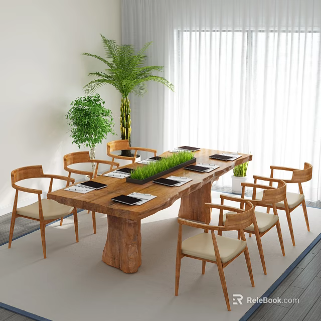 Wooden Conference Table With Green Plant Centerpiece Surrounding Chairs Near Window Curtains And Palm Plant 3d model 