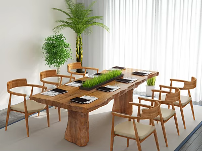 Wooden Conference Table With Green Plant Centerpiece Surrounding Chairs Near Window Curtains And Palm Plant 3d model