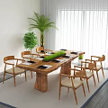 Wooden Conference Table With Green Plant Centerpiece Surrounding Chairs Near Window Curtains And Palm Plant