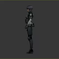 Futuristic Female Sci Fi Character in Armored Tactical Suit with Glowing Blue Accents and Short Hair