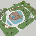 Beautiful Park Landscape With Lush Trees Curved Wooden Structure And Reflective Water Surface