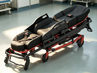 Medical Equipment Stretcher Cart With Black Cushioned Surface Red Frame And Wheels For Hospital Use 3d model