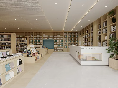 Artistic Interior Design For Modern Library With Bookshelves And Displays 3d model