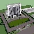 Modern High Rise Office Building With Glass Windows Parking Lot And Street Lamps