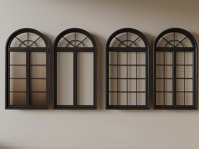 Four Black Arched Windows With Grid Design On Light Colored Wall 3d model