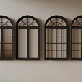 Four Black Arched Windows With Grid Design On Light Colored Wall 3d model
