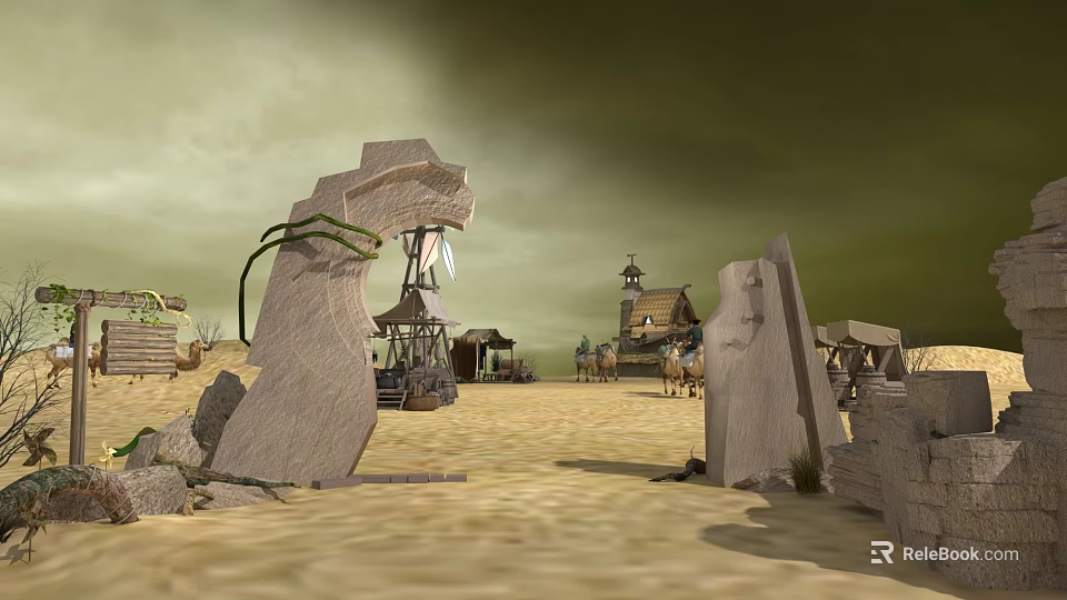Scenic Desert Landscape With Stone Archway Vines Distant Cottages Tents And Overcast Sky 3d model 