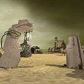 Scenic Desert Landscape With Stone Archway Vines Distant Cottages Tents And Overcast Sky