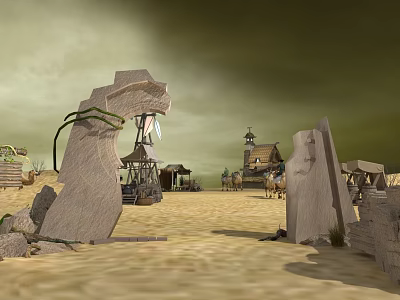 Scenic Desert Landscape With Stone Archway Vines Distant Cottages Tents And Overcast Sky 3d model