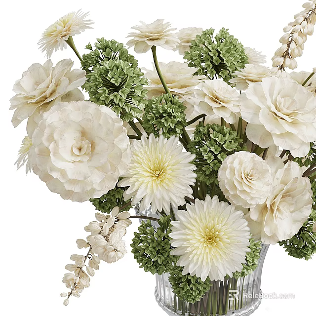Beautiful White Carnations And Dahlias Floral Arrangement With Green Foliage In Vase For Home Decor 3d model 