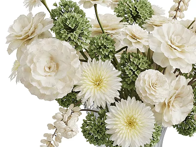Beautiful White Carnations And Dahlias Floral Arrangement With Green Foliage In Vase For Home Decor 3d model