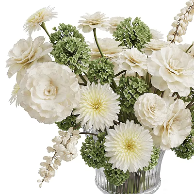 Beautiful White Carnations And Dahlias Floral Arrangement With Green Foliage In Vase For Home Decor 3d model