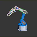 White and Blue Robot Arm with Base Joints on Dark Background Showing Reflection 3d model
