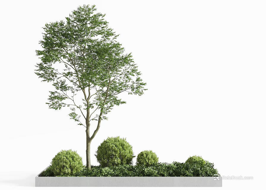 Outdoor Rectangular Gray Tree Planter With Green Tree And Small Shrubs 3d model 
