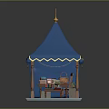 Blue Decorative Tent With Gold Trim Wooden Pillars Table Chairs And Books In Cozy Setting