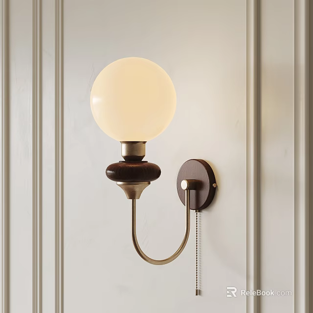 Minimalist Wall Sconce With White Spherical Lampshade And Metal Bracket On Paneled Wall 3d model 