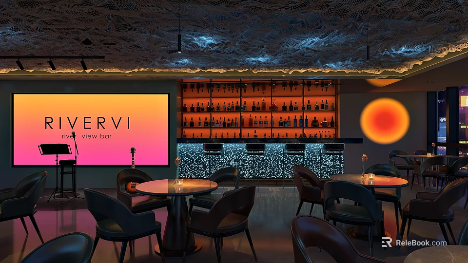 IVERVI Cocktail View Bar Interior With Wine Shelves Tables And Ambient Lighting 3d model 