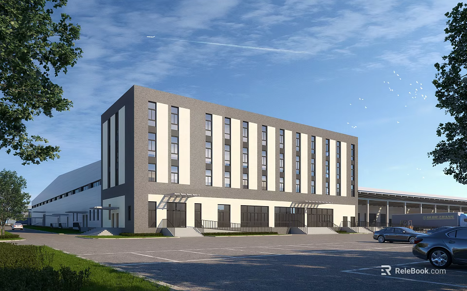 Modern Office Building With Gray And White Exterior Large Windows And Parking Lot 3d model 