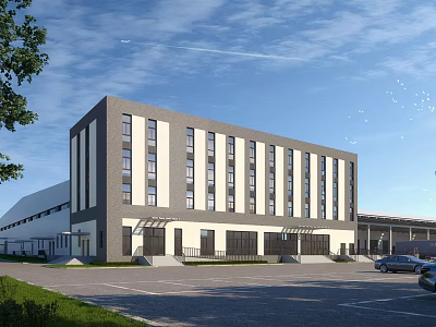 Modern Office Building With Gray And White Exterior Large Windows And Parking Lot 3d model