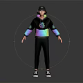 Character in Black Hoodie With Colorful Gradient Sleeves Chest Logo Black Pants Hat Glasses Sneakers