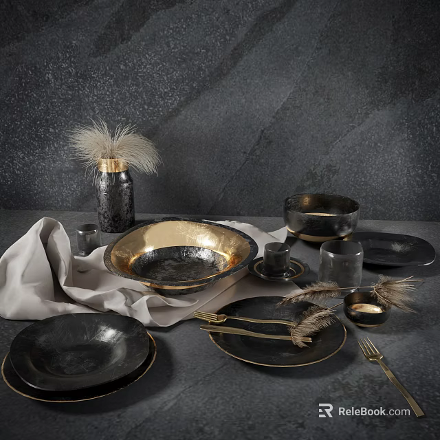 Black Gold Dinnerware Set With Plates Bowls Cups Glassware Feather Decor On Gray Textured Background 3d model 