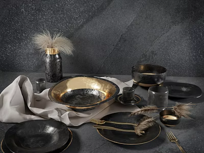 Black Gold Dinnerware Set With Plates Bowls Cups Glassware Feather Decor On Gray Textured Background 3d model