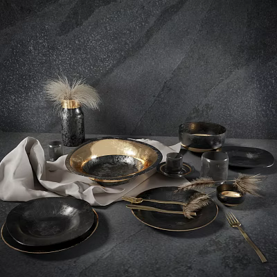 Black Gold Dinnerware Set With Plates Bowls Cups Glassware Feather Decor On Gray Textured Background 3d model