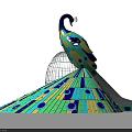 Colorful Peacock Shaped Garden Ornament With Vibrant Circular Patterns And Spread Tail