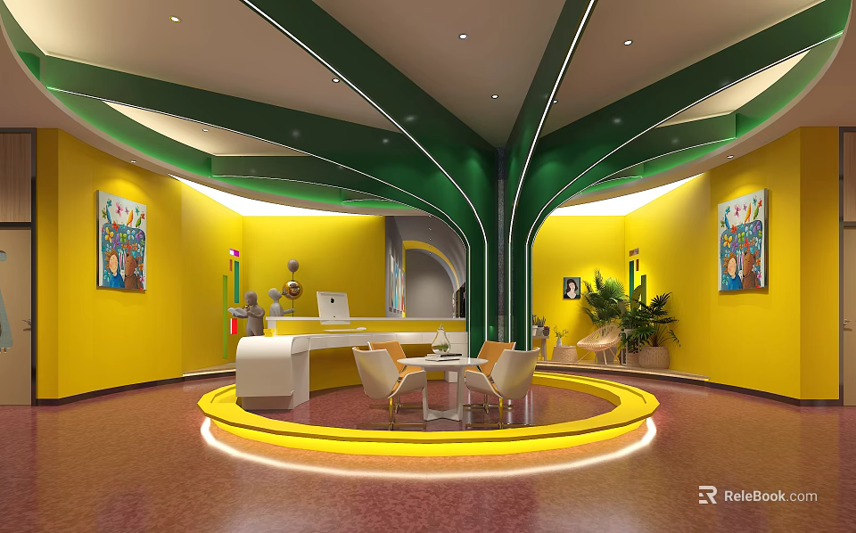 Modern Reception Desk Interior Design with Yellow Walls Green Curved Ceiling and Colorful Paintings 3d model 