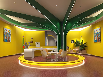 Modern Reception Desk Interior Design with Yellow Walls Green Curved Ceiling and Colorful Paintings 3d model