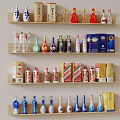 Wooden Shelf Display With Various Types Of Liquor Bottles And Alcohol Boxes