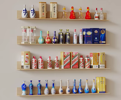 Wooden Shelf Display With Various Types Of Liquor Bottles And Alcohol Boxes 3d model