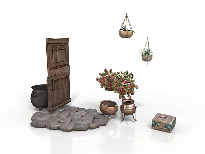 Architectural Outdoor Space Featuring Wooden Door Stone Paving Clay Pots Hanging Flower Plants And Wooden Box 3d model