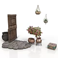 Architectural Outdoor Space Featuring Wooden Door Stone Paving Clay Pots Hanging Flower Plants And Wooden Box