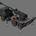 Military Camouflage Truck Equipped With Crane And Cargo Boxes On Flatbed