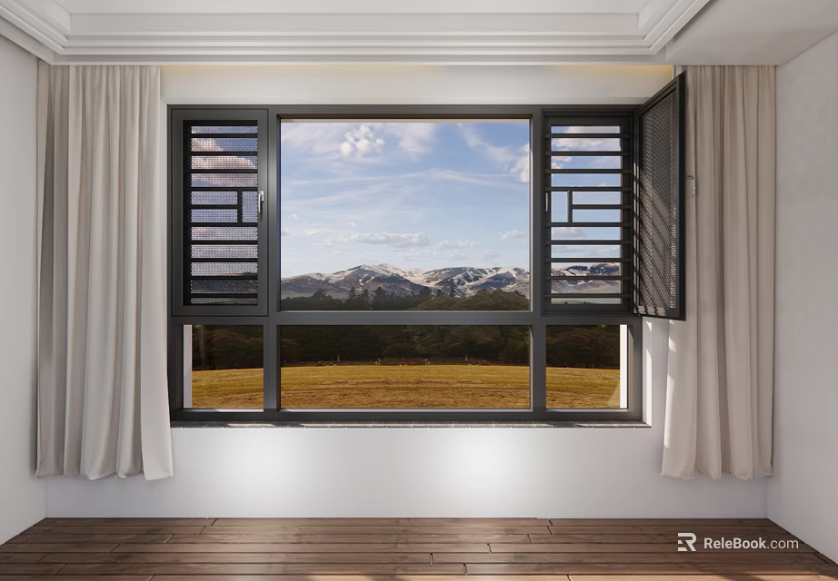 Open Black Frame Casement Window With Mountain View Blue Sky And Light Curtains 3d model 