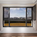Open Black Frame Casement Window With Mountain View Blue Sky And Light Curtains