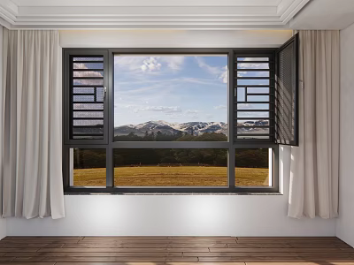 Open Black Frame Casement Window With Mountain View Blue Sky And Light Curtains 3d model