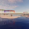 Garden Landscape Design With Water Platforms Colorful Canopies And People Relaxing