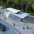 Modern Streamlined Building With Glass Facade Parked Car And Pedestrians