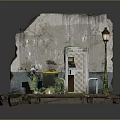 Rustic Scenery With Weathered Wall Small Door Street Lamp And Green Plants