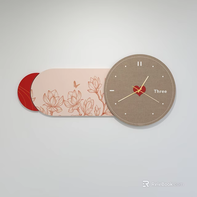 Decorative Wall Clock with Beige Rectangular Part Red Floral Patterns Red Circular Accent Heart Dial 3d model