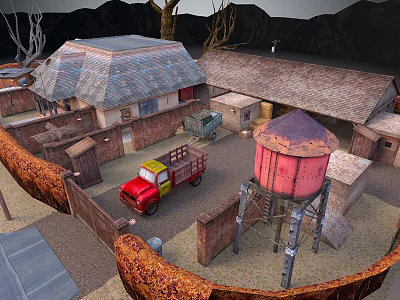 Rustic Farmhouse With Gray Roof Fence Red Truck Pink Water Tower Mountains And Trees 3d model