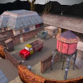 Rustic Farmhouse With Gray Roof Fence Red Truck Pink Water Tower Mountains And Trees